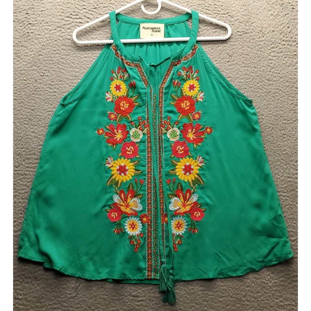 Savanna Jane Halter Tank Top Womens M Green Floral Embroidered Tassel Tie Neck